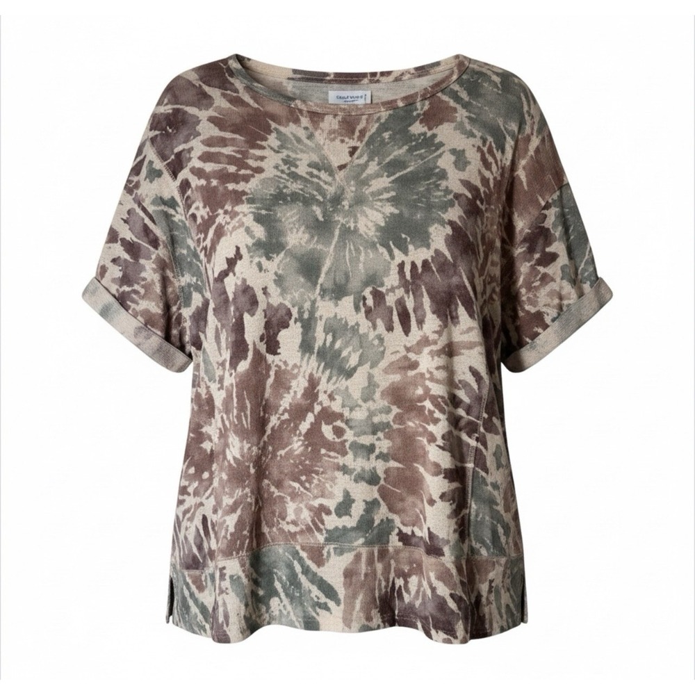 NEW Hopely Women's Retro Tie Dye Slit Sides Cuffed Sleeves Blouse Size Medium